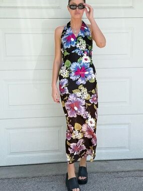 Vintage Floral Halter Maxi Dress Darkest Brown Blue White Purple Blooms M/L